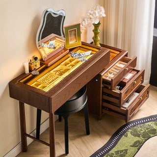 JASIWAY solid wood extendable vanity desk featuring a rich walnut-grain finish, a three-drawer side storage cabinet ,and a decorative tempered glass top, specifically engineered for luxury small-space interiors.-High-angle view with lighting