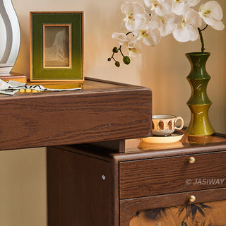 JASIWAY solid wood extendable vanity desk featuring a rich walnut-grain finish, a three-drawer side storage cabinet ,and a decorative tempered glass top, specifically engineered for luxury small-space interiors.-Close up
