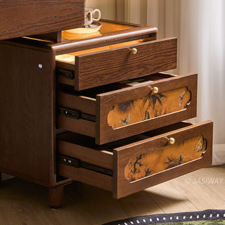 JASIWAY solid wood extendable vanity desk featuring a rich walnut-grain finish, a three-drawer side storage cabinet ,and a decorative tempered glass top, specifically engineered for luxury small-space interiors.-Close-up of side cabinet
