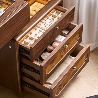 JASIWAY solid wood extendable vanity desk featuring a rich walnut-grain finish, a three-drawer side storage cabinet ,and a decorative tempered glass top, specifically engineered for luxury small-space interiors.-Close-up of drawers