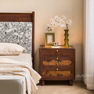 JASIWAY solid wood extendable vanity desk featuring a rich walnut-grain finish, a three-drawer side storage cabinet ,and a decorative tempered glass top, specifically engineered for luxury small-space interiors.-Front view of side cabinet
