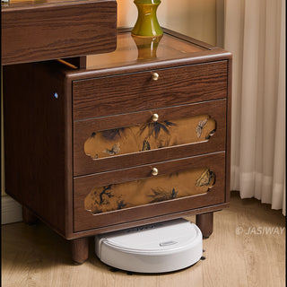 JASIWAY solid wood extendable vanity desk featuring a rich walnut-grain finish, a three-drawer side storage cabinet ,and a decorative tempered glass top, specifically engineered for luxury small-space interiors.-Close-up