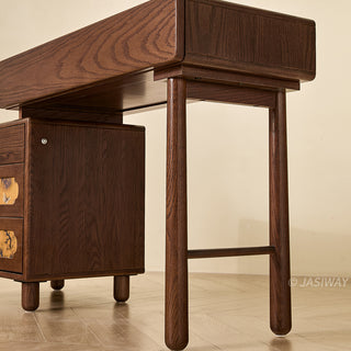 JASIWAY solid wood extendable vanity desk featuring a rich walnut-grain finish, a three-drawer side storage cabinet ,and a decorative tempered glass top, specifically engineered for luxury small-space interiors.-Close-up of table base
