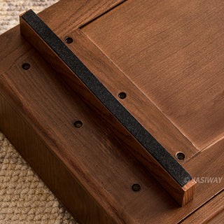JASIWAY solid wood extendable vanity desk featuring a rich walnut-grain finish, a three-drawer side storage cabinet ,and a decorative tempered glass top, specifically engineered for luxury small-space interiors.-Close-up of rear base detail