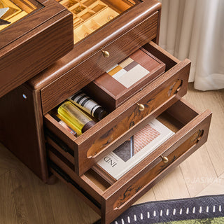 JASIWAY solid wood extendable vanity desk featuring a rich walnut-grain finish, a three-drawer side storage cabinet ,and a decorative tempered glass top, specifically engineered for luxury small-space interiors.-High-angle view with drawers open