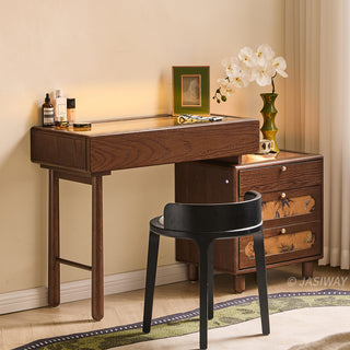 JASIWAY solid wood extendable vanity desk featuring a rich walnut-grain finish, a three-drawer side storage cabinet ,and a decorative tempered glass top, specifically engineered for luxury small-space interiors.-Three-quarter view without mirror
