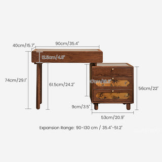 JASIWAY solid wood extendable vanity desk featuring a rich walnut-grain finish, a three-drawer side storage cabinet ,and a decorative tempered glass top, specifically engineered for luxury small-space interiors.-Dimensions chart