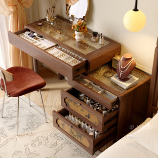 JASIWAY solid wood extendable vanity desk featuring a rich walnut-grain finish, a three-drawer side storage cabinet ,and a decorative tempered glass top, specifically engineered for luxury small-space interiors.-High-angle view