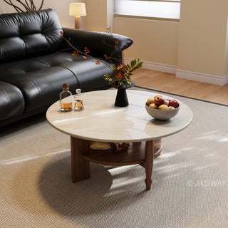 JASIWAY mid-century modern round coffee table featuring a polished beige faux marble top and a 2-tier functional design with a walnut-finished solid wood storage shelf and base.-Lifestyle view