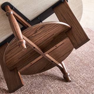 JASIWAY mid-century modern round coffee table featuring a polished beige faux marble top and a 2-tier functional design with a walnut-finished solid wood storage shelf and base.-Bottom detail