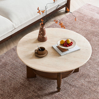 JASIWAY mid-century modern round coffee table featuring a polished beige faux marble top and a 2-tier functional design with a walnut-finished solid wood storage shelf and base.-High-angle view