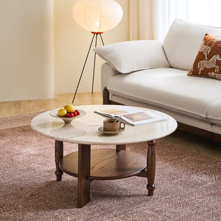 JASIWAY mid-century modern round coffee table featuring a polished beige faux marble top and a 2-tier functional design with a walnut-finished solid wood storage shelf and base.-Diagonal view
