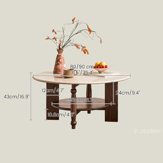 JASIWAY mid-century modern round coffee table featuring a polished beige faux marble top and a 2-tier functional design with a walnut-finished solid wood storage shelf and base.-Dimensions chart