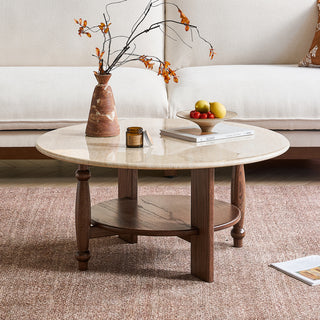 JASIWAY mid-century modern round coffee table featuring a polished beige faux marble top and a 2-tier functional design with a walnut-finished solid wood storage shelf and base.-Front view