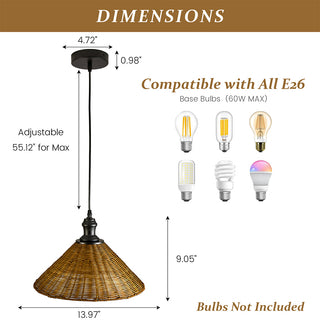 This illustrates the dimensions and bulb compatibility for a pendant light. It specifies that the lamp has a 13.97-inch diameter shade, a 9.05-inch shade height, and an adjustable cord length up to 55.12 inches. Additionally, it notes that the fixture is compatible with all E26 base bulbs up to 60W, though bulbs are not included.