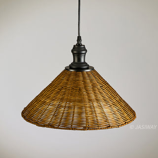 A rustic pendant light hangs against a solid, light grey background. It features a conical shade made from woven, natural-toned wicker or rattan. The shade is supported by a simple black fixture and cord, creating a clean and minimalist look.