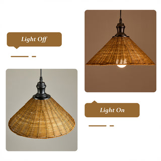 This image displays a comparison of a woven rattan pendant light in two different states. On the left, the "Light Off" view shows the lamp against a neutral background. On the right, the "Light On" view demonstrates the lamp illuminated, highlighting its warm glow.