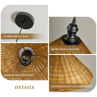 This image presents the key details of a rattan pendant lamp through a four-part collage. It highlights the sturdy metal base, the retro-style metal holder, the E26 socket (60W max), and the texture of the handmade rattan lampshade. Together, these close-up shots emphasize the quality and construction of the fixture.