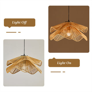 A product comparison infographic displays the same two-tiered, flower-shaped woven pendant light. The left image shows the fixture against a neutral background with the text "Light Off" in a brown speech bubble. The right image shows the same fixture illuminated against a brown background with the text "Light On" in a brown speech bubble.