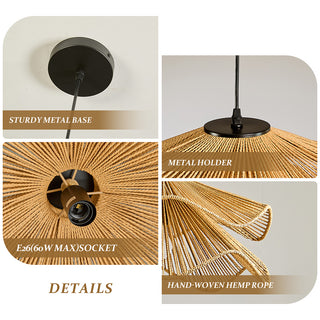 This product detail infographic highlights the key features of the woven pendant light. The panels show a sturdy metal ceiling base, a secure metal holder, an E26 (60W max) socket, and the intricate hand-woven hemp rope construction. These components are clearly labeled to demonstrate the quality and design of the fixture.