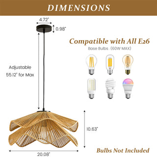 This dimensions infographic provides the technical specifications for the pendant light. It details a maximum adjustable hanging length of 55.12 inches, with the woven shade measuring 20.08 inches wide and 10.63 inches high. The image also indicates that the fixture is compatible with all E26 base bulbs (60W max) and notes that bulbs are not included.