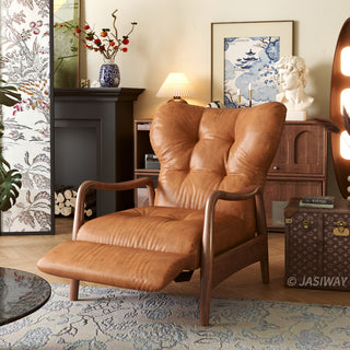 JASIWAY mid-century modern leather recliner chair featuring a high-back ergonomic design with tufted top grain leather, elegant curved solid wood armrests, and an integrated retractable footrest for premium living room comfort.-Three-quarter view with footrest unfolding