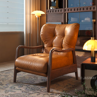 JASIWAY mid-century modern leather recliner chair featuring a high-back ergonomic design with tufted top grain leather, elegant curved solid wood armrests, and an integrated retractable footrest for premium living room comfort.-Three quarter view
