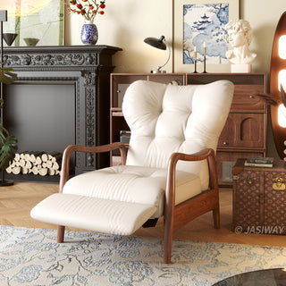JASIWAY mid-century modern leather recliner chair featuring a high-back ergonomic design with tufted top grain leather, elegant curved solid wood armrests, and an integrated retractable footrest for premium living room comfort.-Three-quarter view with footrest unfolding