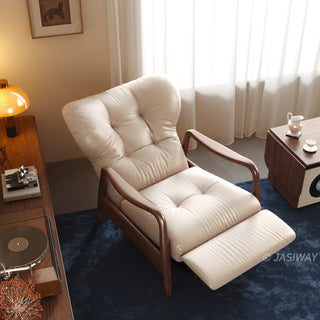 JASIWAY mid-century modern leather recliner chair featuring a high-back ergonomic design with tufted top grain leather, elegant curved solid wood armrests, and an integrated retractable footrest for premium living room comfort.-High-angle view with footrest unfolding