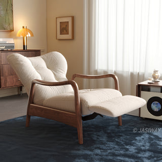 JASIWAY mid-century modern leather recliner chair featuring a high-back ergonomic design with tufted top grain leather, elegant curved solid wood armrests, and an integrated retractable footrest for premium living room comfort.-Diagonal view