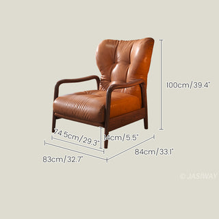 JASIWAY mid-century modern leather recliner chair featuring a high-back ergonomic design with tufted top grain leather, elegant curved solid wood armrests, and an integrated retractable footrest for premium living room comfort.-Dimensions chart