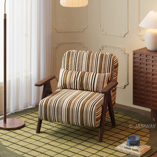 JASIWAY mid-century modern accent chair featuring a solid wood frame with distinct V-shaped armrests, upholstered in a textured multi-color vertical striped fabric, complete with a 3-position adjustable lumbar pillow for custom lower back support.-High-angle three quarter view