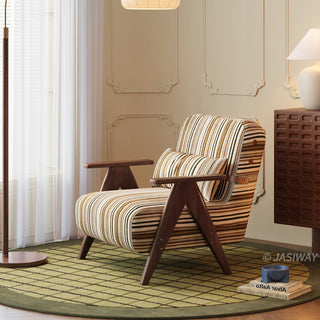JASIWAY mid-century modern accent chair featuring a solid wood frame with distinct V-shaped armrests, upholstered in a textured multi-color vertical striped fabric, complete with a 3-position adjustable lumbar pillow for custom lower back support.-Diagonal view