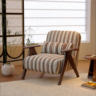 JASIWAY mid-century modern accent chair featuring a solid wood frame with distinct V-shaped armrests, upholstered in a textured multi-color vertical striped fabric, complete with a 3-position adjustable lumbar pillow for custom lower back support.-Three quarter view