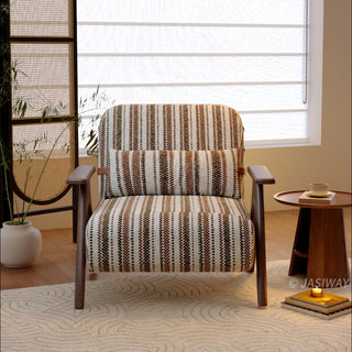 JASIWAY mid-century modern accent chair featuring a solid wood frame with distinct V-shaped armrests, upholstered in a textured multi-color vertical striped fabric, complete with a 3-position adjustable lumbar pillow for custom lower back support.-Front view