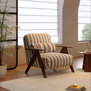 JASIWAY mid-century modern accent chair featuring a solid wood frame with distinct V-shaped armrests, upholstered in a textured multi-color vertical striped fabric, complete with a 3-position adjustable lumbar pillow for custom lower back support.-Three quarter view