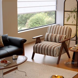 JASIWAY mid-century modern accent chair featuring a solid wood frame with distinct V-shaped armrests, upholstered in a textured multi-color vertical striped fabric, complete with a 3-position adjustable lumbar pillow for custom lower back support.-High-angle wide shot