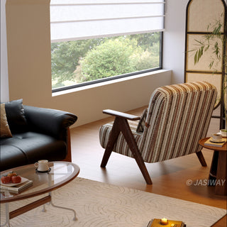JASIWAY mid-century modern accent chair featuring a solid wood frame with distinct V-shaped armrests, upholstered in a textured multi-color vertical striped fabric, complete with a 3-position adjustable lumbar pillow for custom lower back support.-Rear view