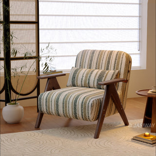 JASIWAY mid-century modern accent chair featuring a solid wood frame with distinct V-shaped armrests, upholstered in a textured multi-color vertical striped fabric, complete with a 3-position adjustable lumbar pillow for custom lower back support.-Three quarter view