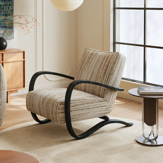 JASIWAY mid-century modern accent chair featuring a sculptural curve wood frame, upholstered in a durable, multi-tonal textured fabric with subtle stripes, perfect as a stylish seating addition for modern living rooms or reading nooks.-Diagonal view