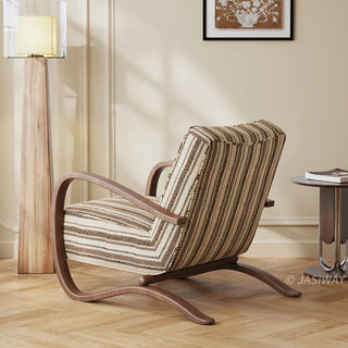JASIWAY mid-century modern accent chair featuring a sculptural curve wood frame, upholstered in a durable, multi-tonal textured fabric with subtle stripes, perfect as a stylish seating addition for modern living rooms or reading nooks.-Rear three-quarter view