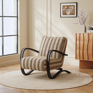 JASIWAY mid-century modern accent chair featuring a sculptural curve wood frame, upholstered in a durable, multi-tonal textured fabric with subtle stripes, perfect as a stylish seating addition for modern living rooms or reading nooks.-Three-quarter view