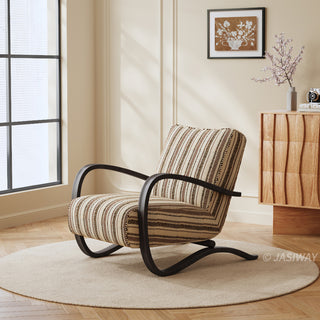 JASIWAY mid-century modern accent chair featuring a sculptural curve wood frame, upholstered in a durable, multi-tonal textured fabric with subtle stripes, perfect as a stylish seating addition for modern living rooms or reading nooks.-Diagonal view