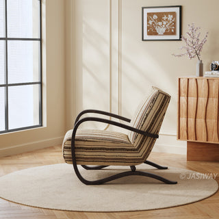 JASIWAY mid-century modern accent chair featuring a sculptural curve wood frame, upholstered in a durable, multi-tonal textured fabric with subtle stripes, perfect as a stylish seating addition for modern living rooms or reading nooks.-Side view