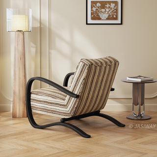 JASIWAY mid-century modern accent chair featuring a sculptural curve wood frame, upholstered in a durable, multi-tonal textured fabric with subtle stripes, perfect as a stylish seating addition for modern living rooms or reading nooks.-Rear three-quarter view