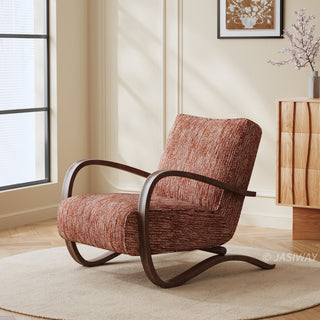 JASIWAY mid-century modern accent chair featuring a sculptural curve wood frame, upholstered in a durable, multi-tonal textured fabric with subtle stripes, perfect as a stylish seating addition for modern living rooms or reading nooks.-Three-quarter view
