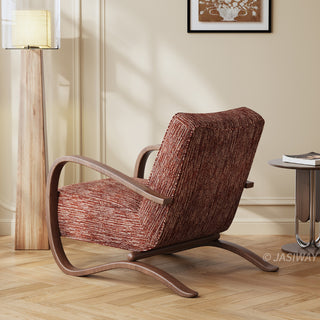 JASIWAY mid-century modern accent chair featuring a sculptural curve wood frame, upholstered in a durable, multi-tonal textured fabric with subtle stripes, perfect as a stylish seating addition for modern living rooms or reading nooks.-Rear three-quarter view
