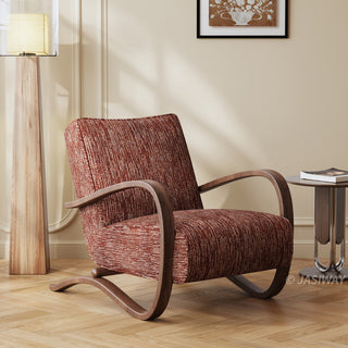 JASIWAY mid-century modern accent chair featuring a sculptural curve wood frame, upholstered in a durable, multi-tonal textured fabric with subtle stripes, perfect as a stylish seating addition for modern living rooms or reading nooks.-Three-quarter view