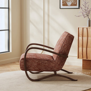 JASIWAY mid-century modern accent chair featuring a sculptural curve wood frame, upholstered in a durable, multi-tonal textured fabric with subtle stripes, perfect as a stylish seating addition for modern living rooms or reading nooks.-Side view