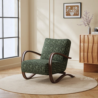 JASIWAY mid-century modern accent chair featuring a sculptural curve wood frame, upholstered in a durable, multi-tonal textured fabric with subtle stripes, perfect as a stylish seating addition for modern living rooms or reading nooks.-Three-quarter view